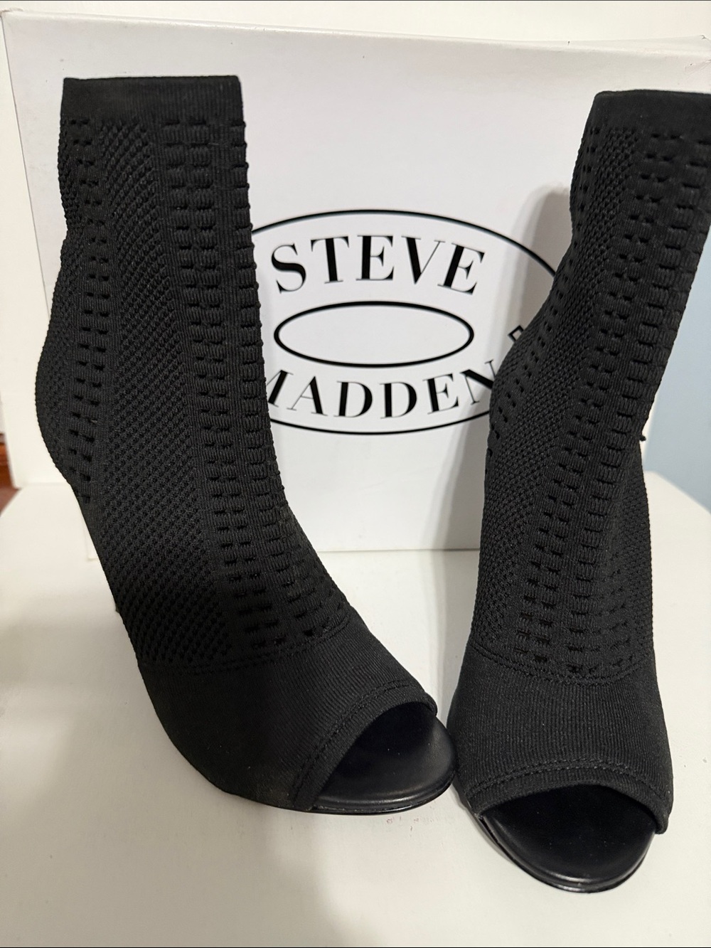 Steve Madden Black Knit Peep-Toe Sock Booties